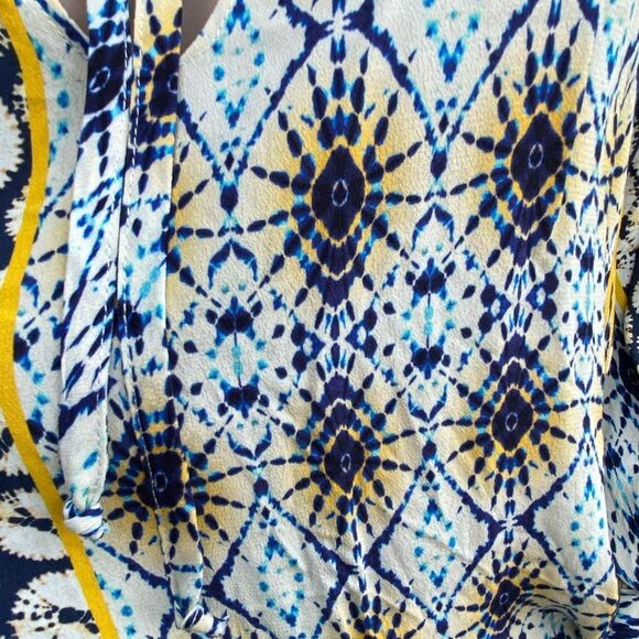 NWT KAREN KANE Blue/Yellow/White Riviera Boho Peasant 100% Cotton Top Large - Picture 11 of 13